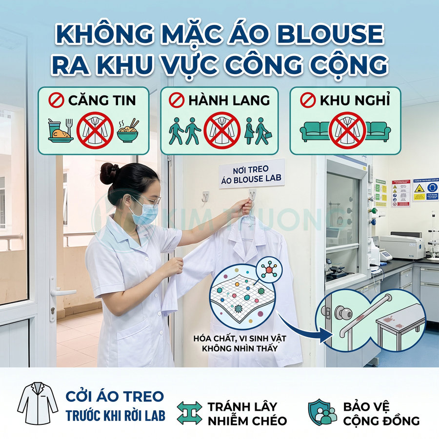 Nhân viên phòng thí nghiệm cởi áo blouse treo đúng nơi quy định để tránh lây nhiễm chéo ra khu vực công cộng